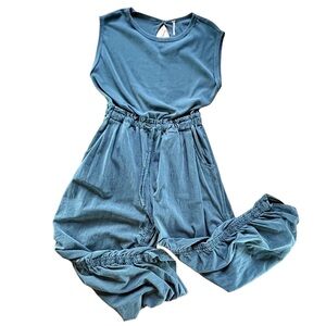 FREE PEOPLE New Gray Sleeveless Jumpsuit Sz Large Ruched Pants Stretch Baggy NWT